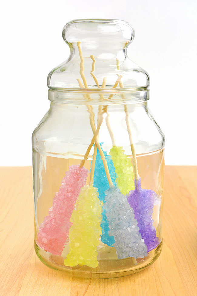 Homemade rock candy in an old fashioned candy jar