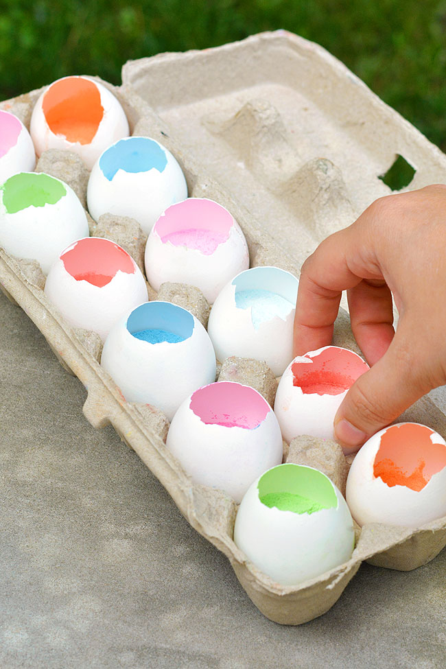 Chalk coloured homemade smoke bombs made in eggshells
