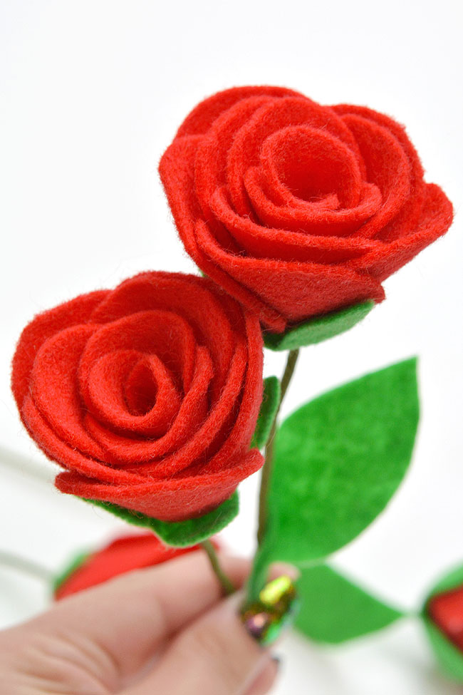 Red roses made of felt and wire