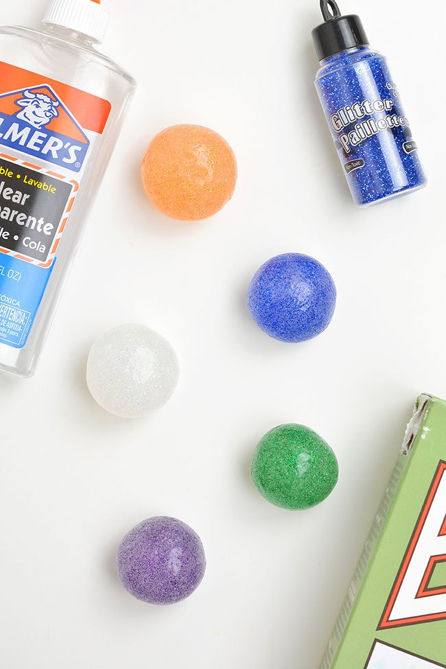 Colourful bouncy balls with clear glue, glitter, and borax