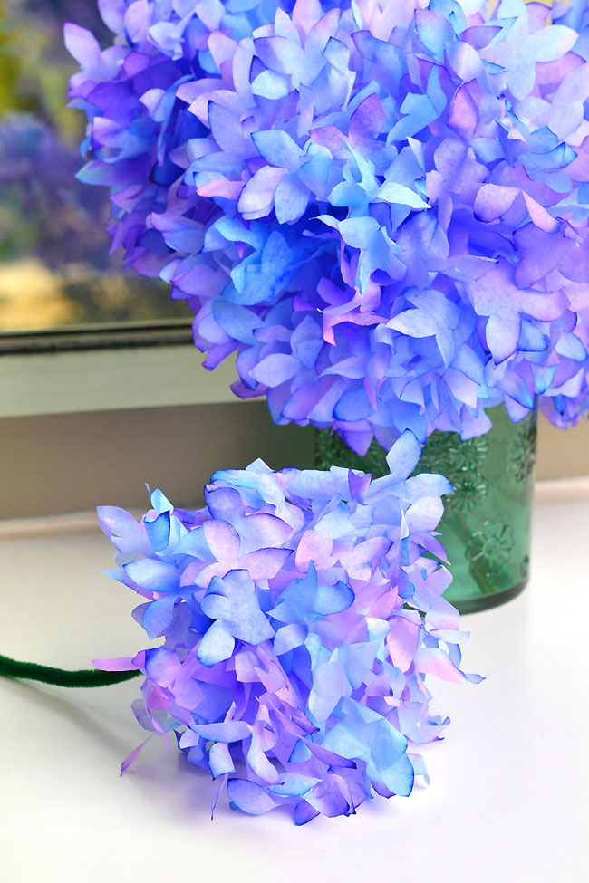 Hydrangea coffee filter flowers in a windowsill with a single bloom separated out