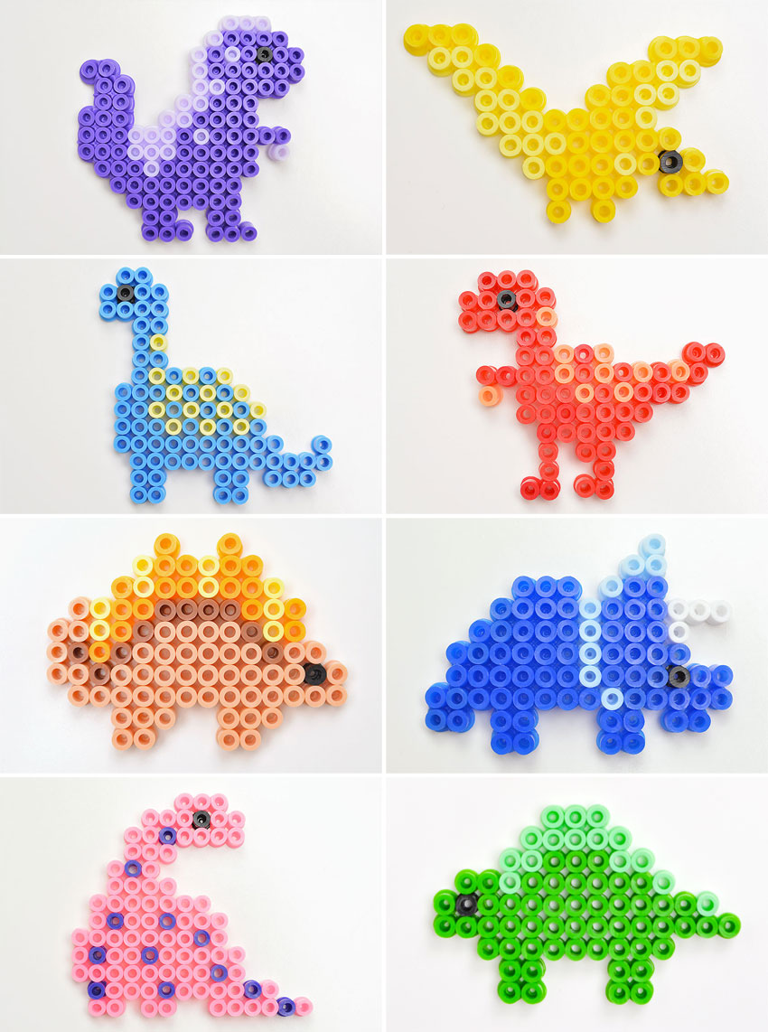 Eight different Perler bead dino designs in bright colours