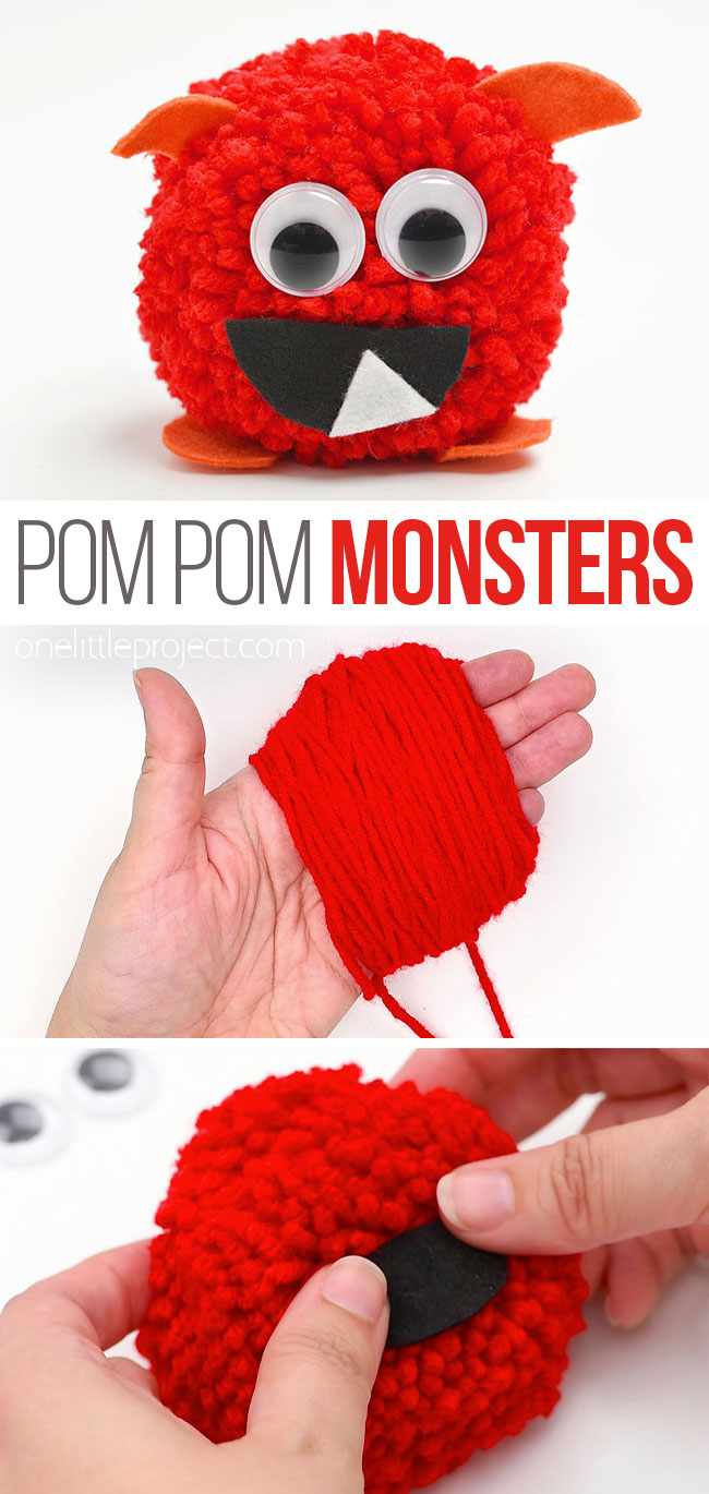 Cute yarn pom pom monster craft for kids