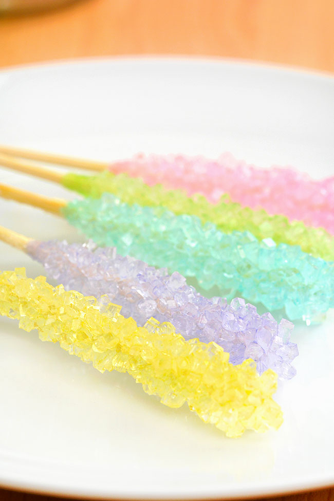 A plate of colourful rock candy sticks