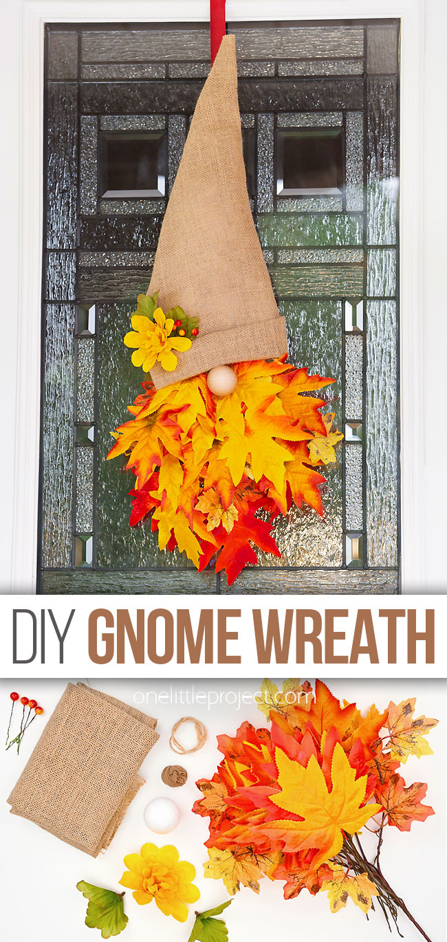 Gnome wreath with a burlap hat and a beard made from fall leaves