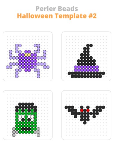 Spider, witch hat, Frankenstein, and bat free, printable Halloween Perler bead patterns
