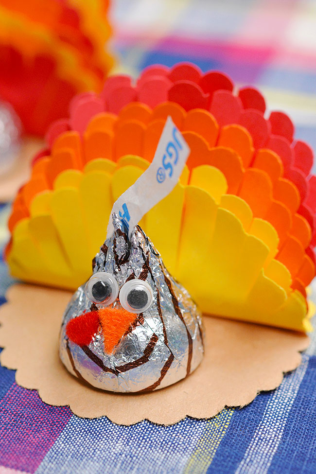 Closeup of a turkey craft made with a Hershey's Hug