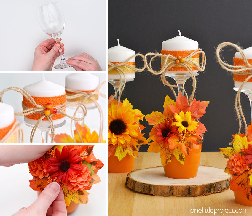 DIY wine glass pumpkin candle holders