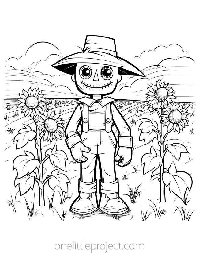 Coloring pages Thanksgiving - scarecrow in sunflower field