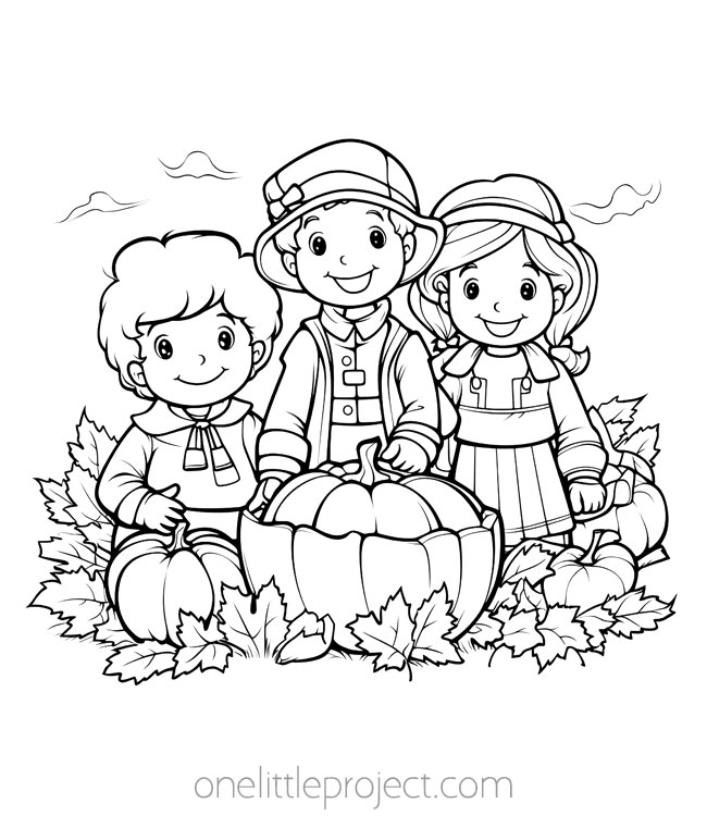 Coloring pages Thanksgiving - kids at pumpkin patch