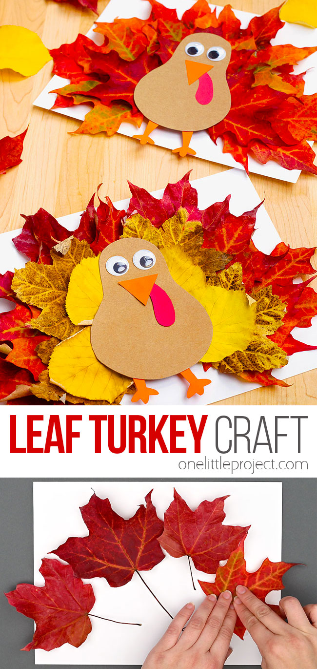 Turkey craft for Thanksgiving made with fall leaves