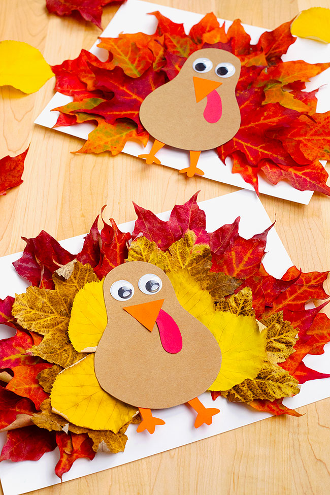 Turkey craft for kids made with fall leaves