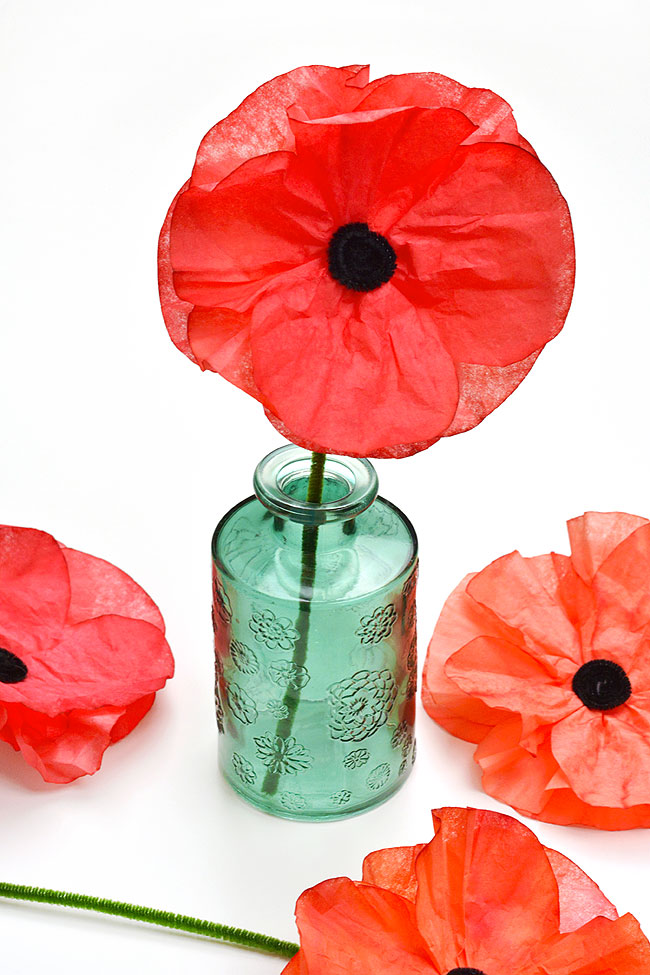 Poppy coffee filter craft for Remembrance Day and Veteran's Day in a vase