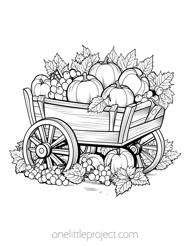 Thanksgiving color sheets - wagon of pumpkins and fruit