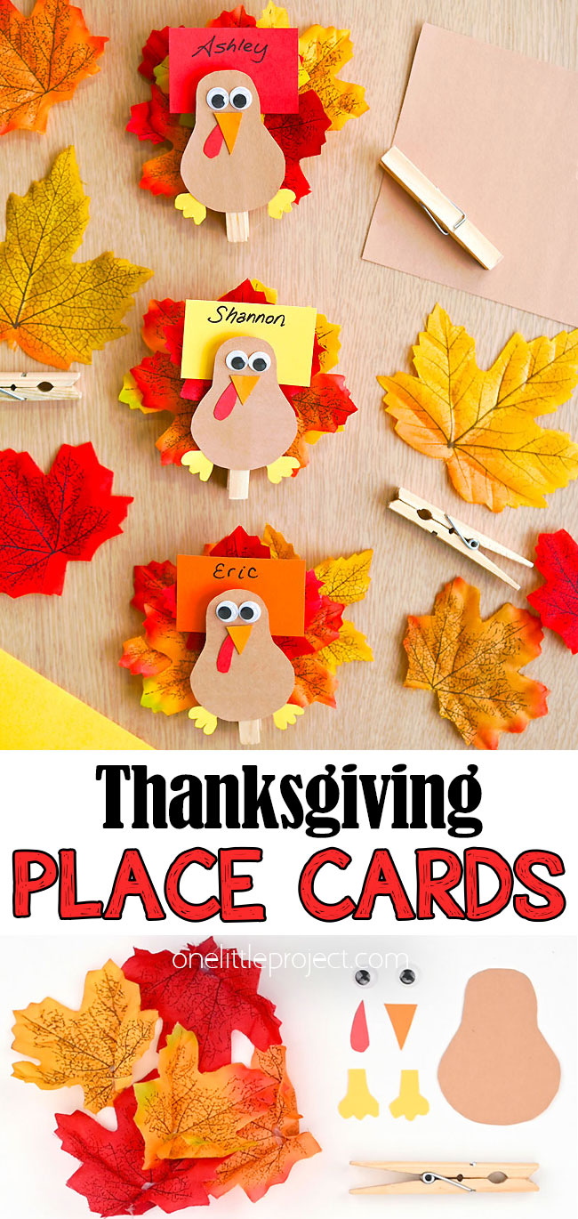 DIY turkey craft made into Thanksgiving place cards