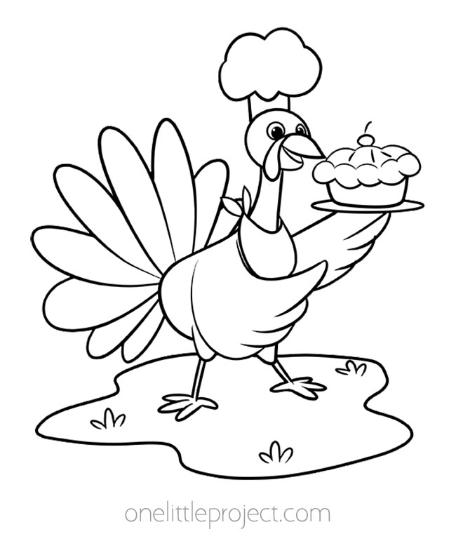 Turkey coloring page - chef turkey with pie