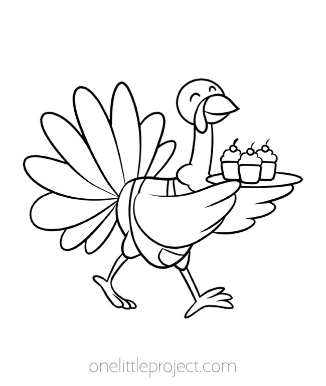 Turkey coloring page - turkey with cupcakes