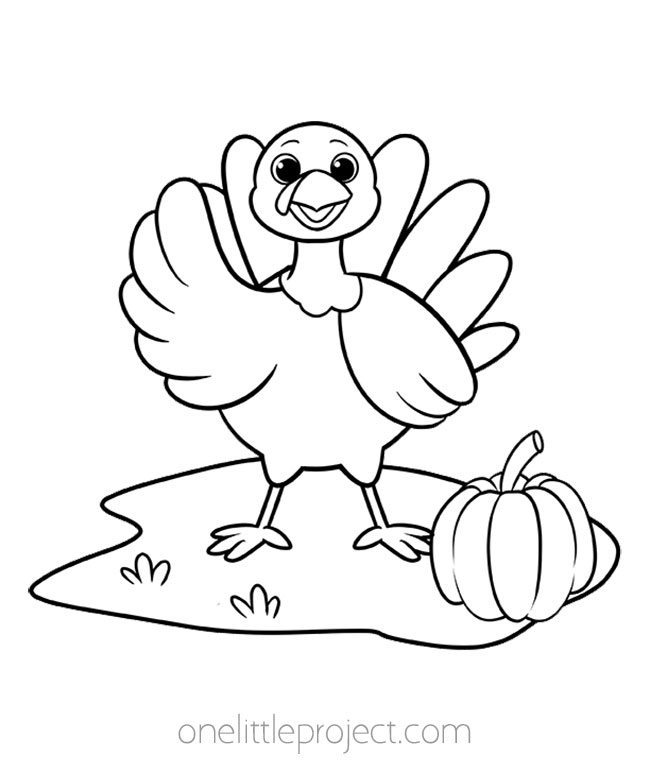 Turkey coloring pages - happy turkey in pumpkin patch