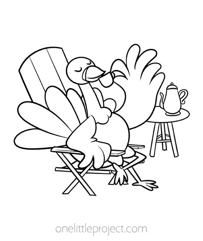 Turkey coloring pages - turkey sipping tea