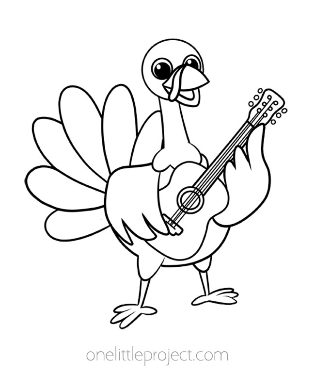 Turkey coloring pages - turkey with acoustic guitar