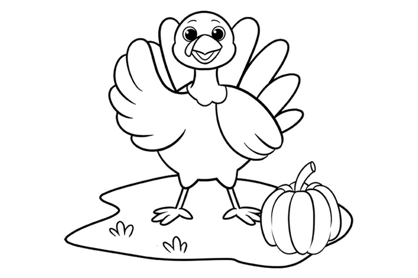 Turkey coloring pages - turkey waving with a pumpkin