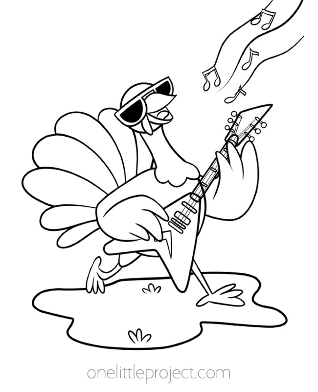 Turkey coloring sheet - electric guitar turkey rocking out