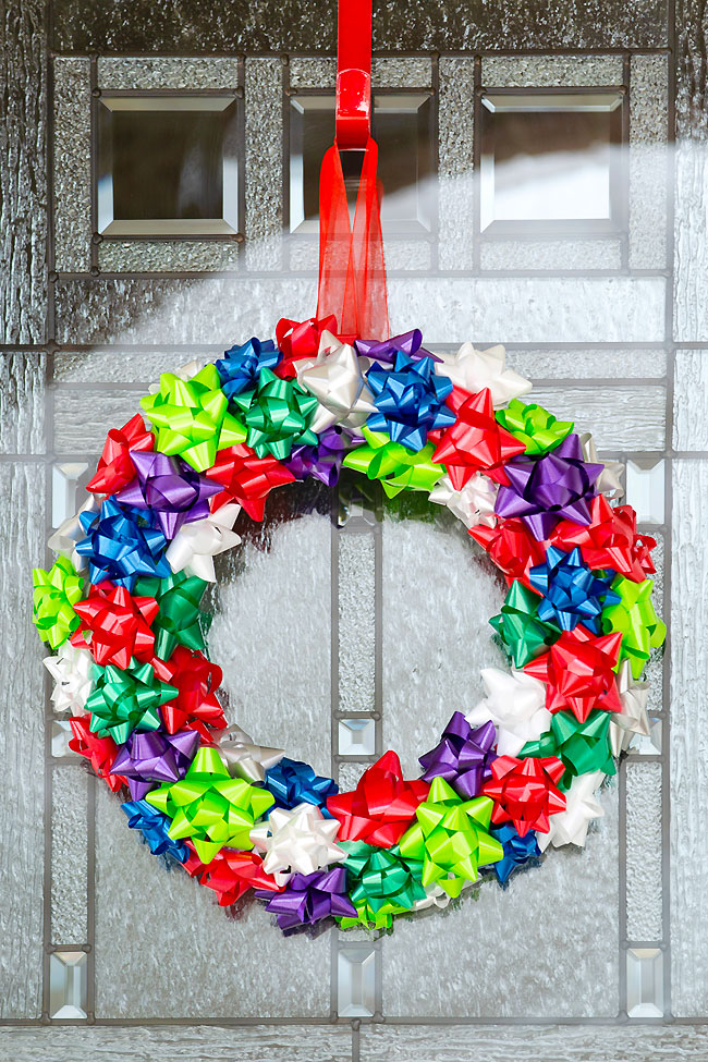 DIY Christmas wreath made with gift bows