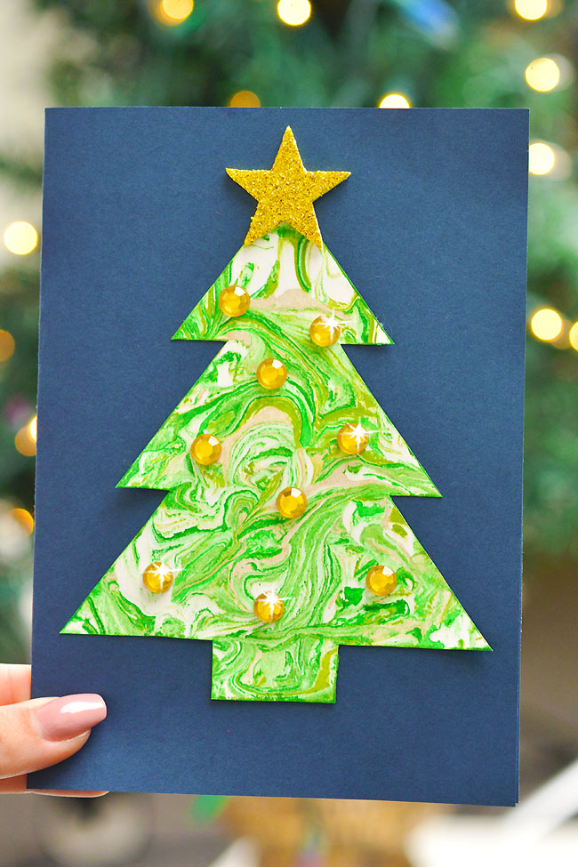 Christmas tree art for kids turned into a homemade Christmas card