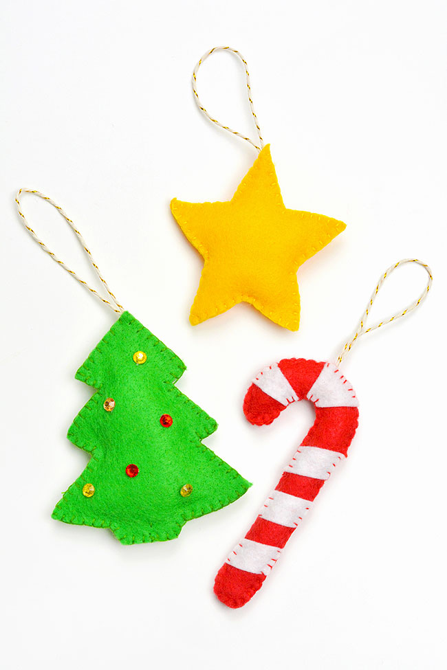 Felt Christmas tree, star, and candy cane ornaments