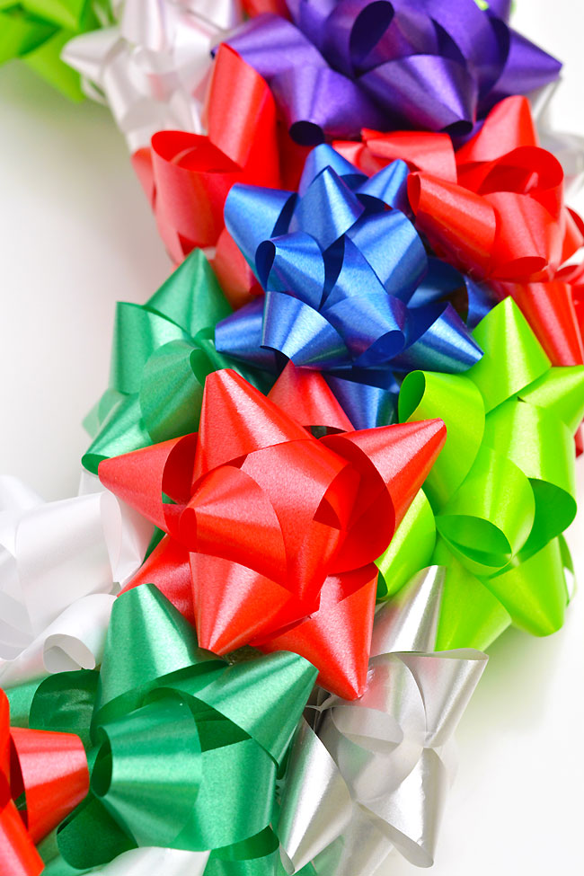 Closeup on gift bows on a DIY Christmas wreath