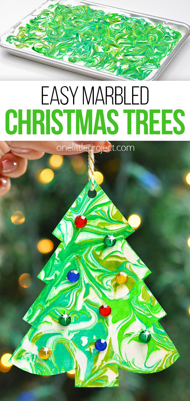Shaving cream marbling on paper Christmas trees