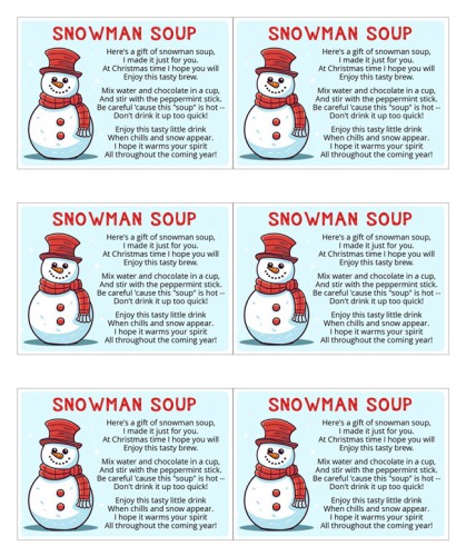 Free label with printable poem for snowman soup