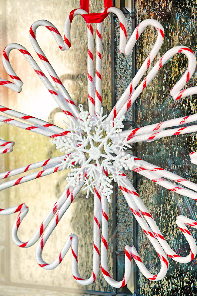 Closeup view of a candy cane wreath