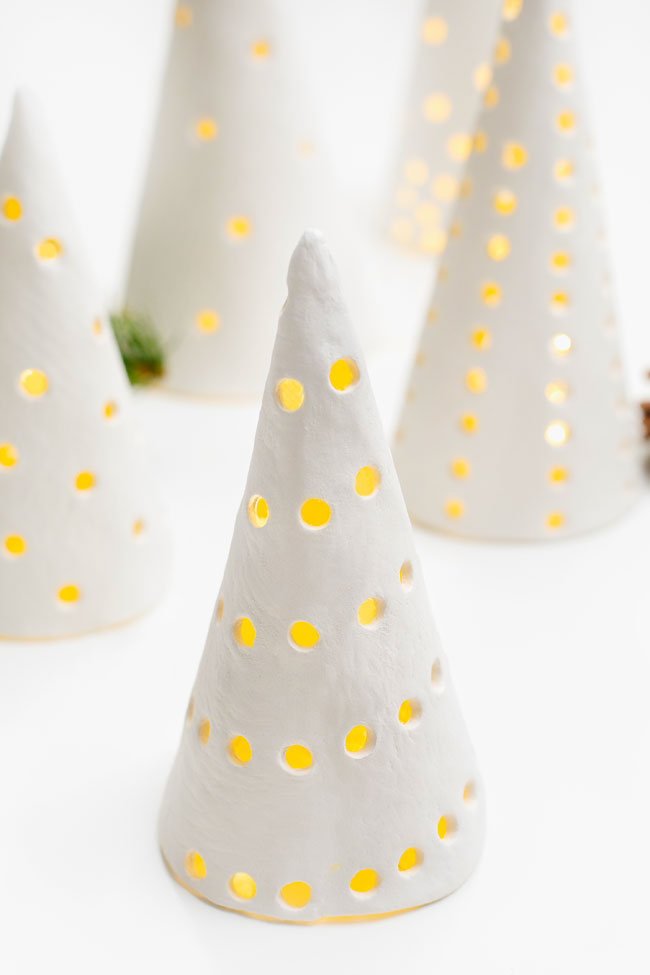DIY clay Christmas trees lit by flameless tealight candles