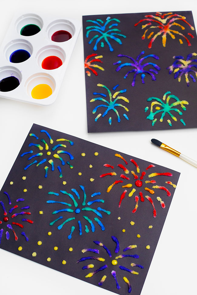 Firework paintings made with watercolor, salt, and glue