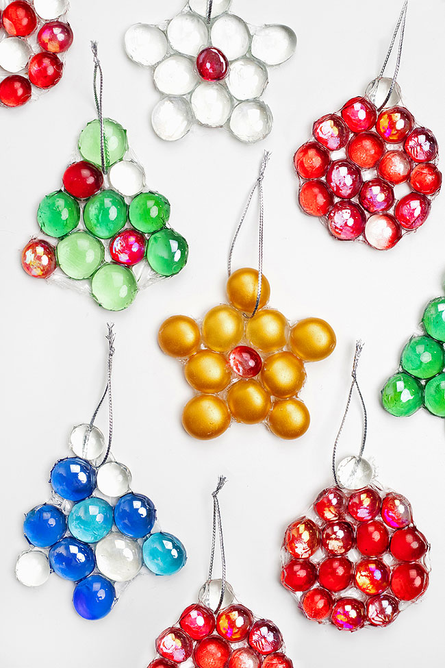 DIY glass gem Christmas ornaments made with clear glue