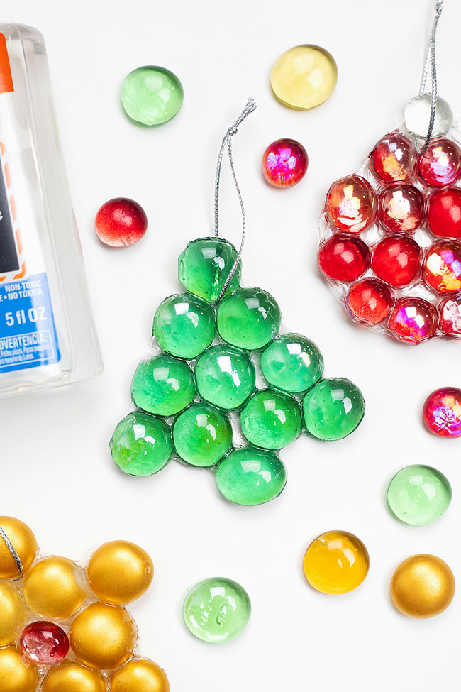 Christmas tree ornament made with flat glass beads
