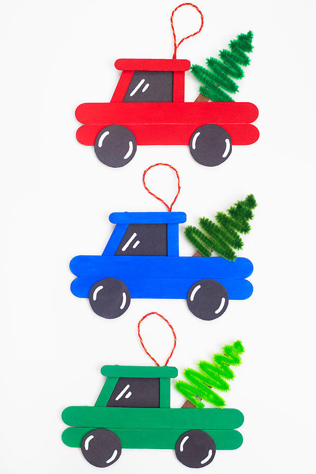 3 colours of DIY popsicle stick truck Christmas ornaments