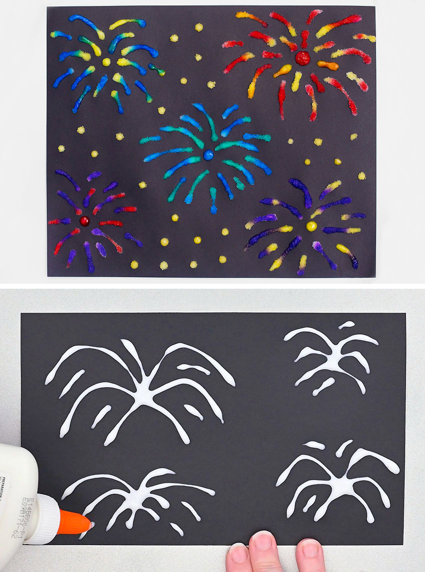 Drawing fireworks with glue and a finished salt painting