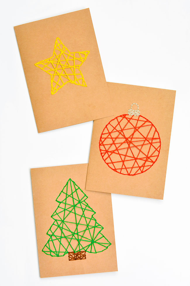 Star, ornament, and Christmas tree string art cards
