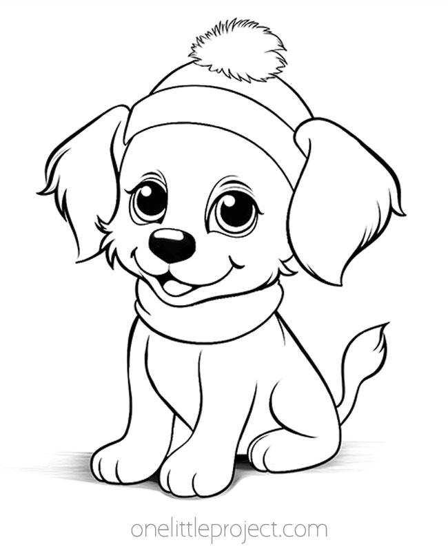 Coloring page of dog with winter hat