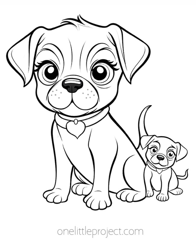 Cartoon dog and mini puppy coloring page