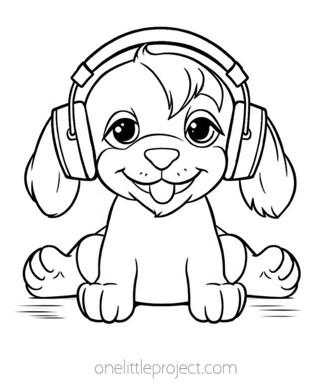 Coloring page of dog with headphones