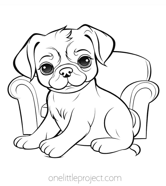 Pug puppy dog bed coloring page