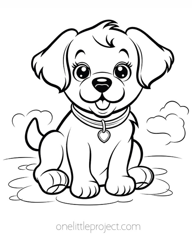 Cute dog coloring page with a cloud background