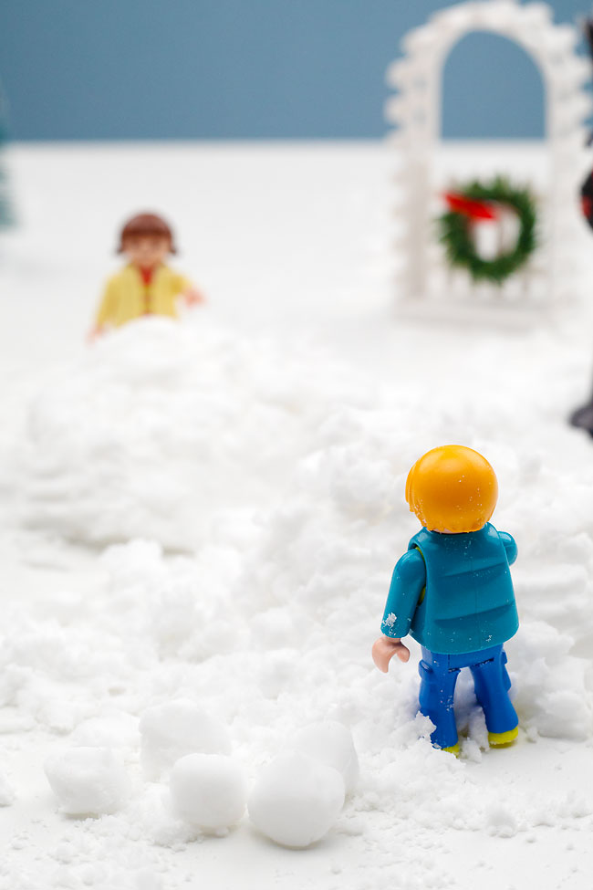 Toy snowball fight made with easy fake snow recipe