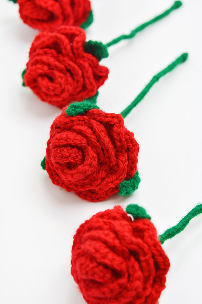 Line of crochet roses on a white background