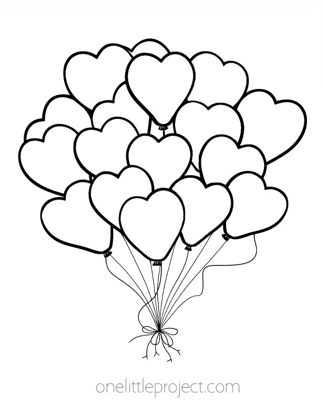 Coloring page with heart balloons