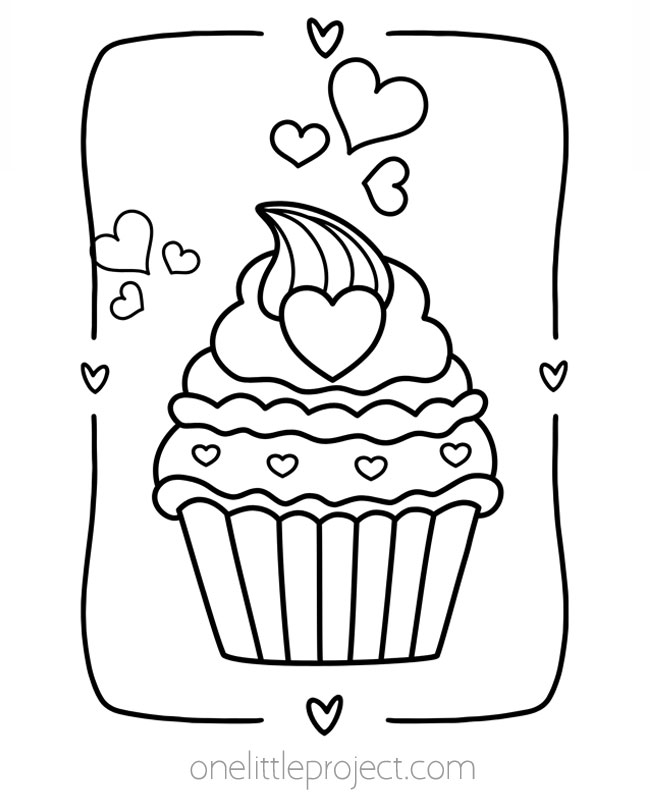 Coloring page with a heart decorated cupcake