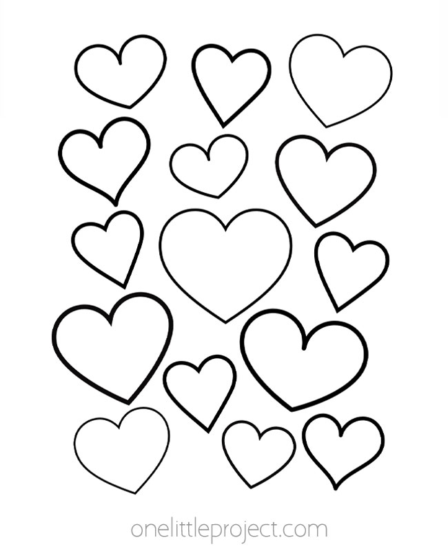 Printable coloring page with many hearts in various sizes